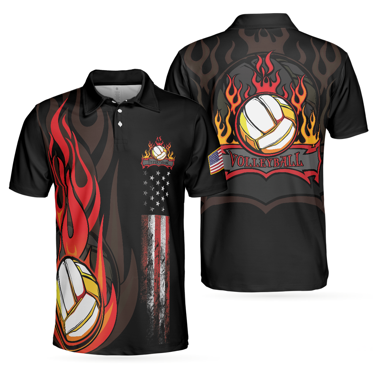 Volleyball Flame Short Sleeve Polo Shirt, Black American Flag Polo Shirt, Best Volleyball Shirt - Perfect Gift For Men