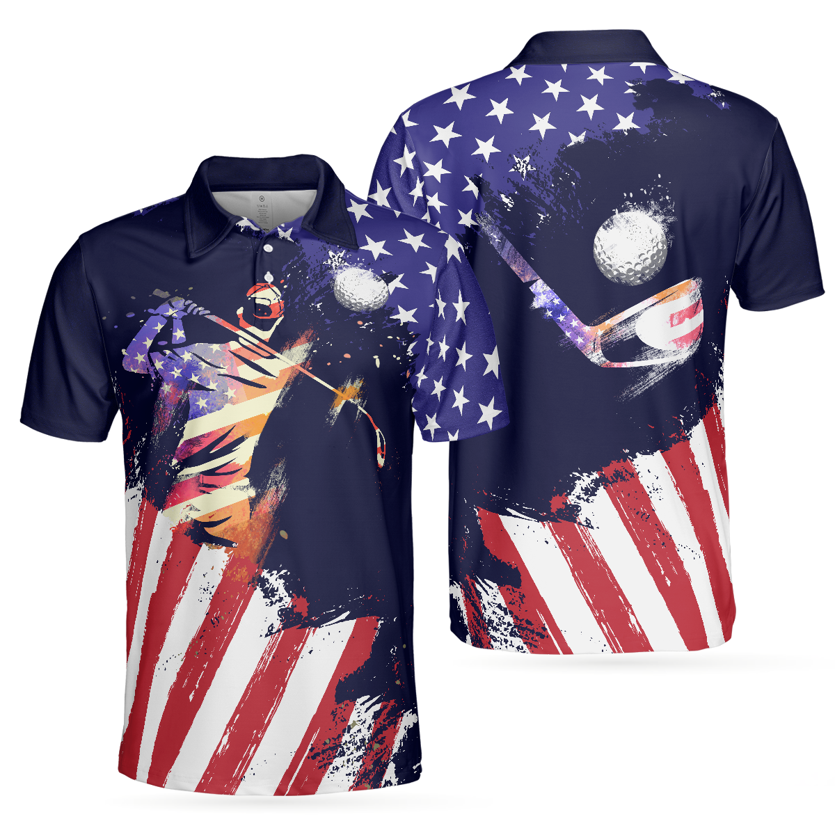 American Flag with Abstract Golf Swing Men Polo Shirt, Best Golfing Shirt Design For Patriotic Golfers