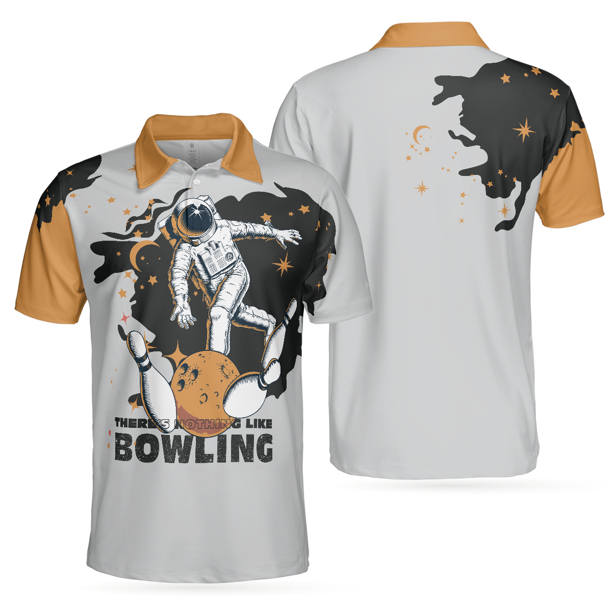 Men Polo Shirt - Bowling Astronaut in Space Short Sleeve Polo Shirt, White and Gold Bowling Shirt For Men - Best Polo Shirt For Men