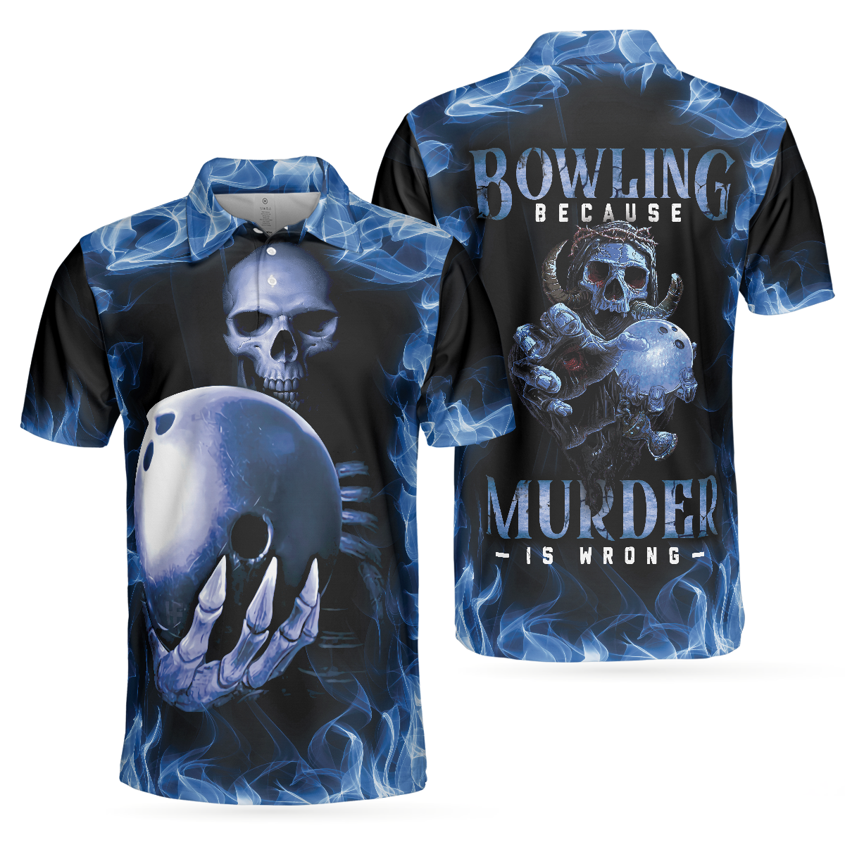 Bowling Men Polo Shirt - Bowling Murder , Blue Flame Pattern, Scary Skull Shirt Design For Halloween Bowling Polo Shirt - Perfect Gift For Friend, Family, Bowling Lovers