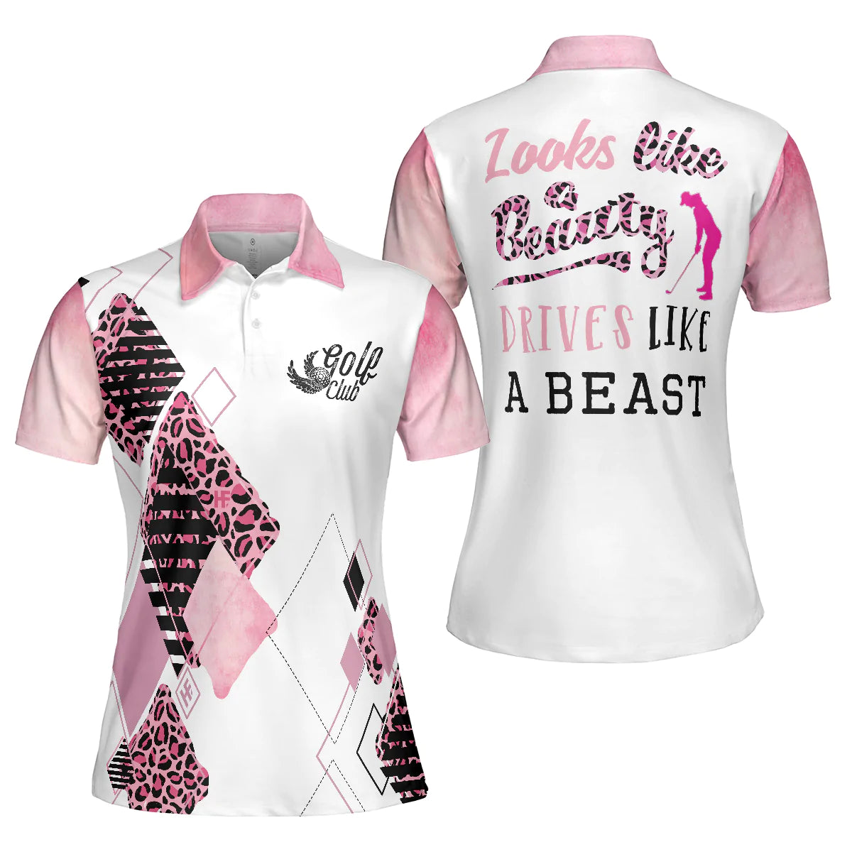 Looks Like A Beauty Drives Like A Beast Golf Short Sleeve Women Polo Shirt, Leopard Pattern Golf Shirt For Ladies