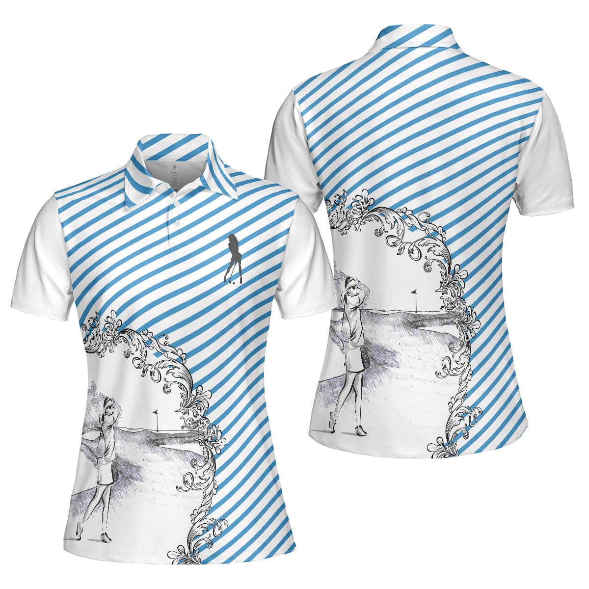 Women Polo Shirt - Blue Striped And Sketching Golf Girl Golf Short Sleeve Women Polo Shirt, Best Gift For Female Golfers