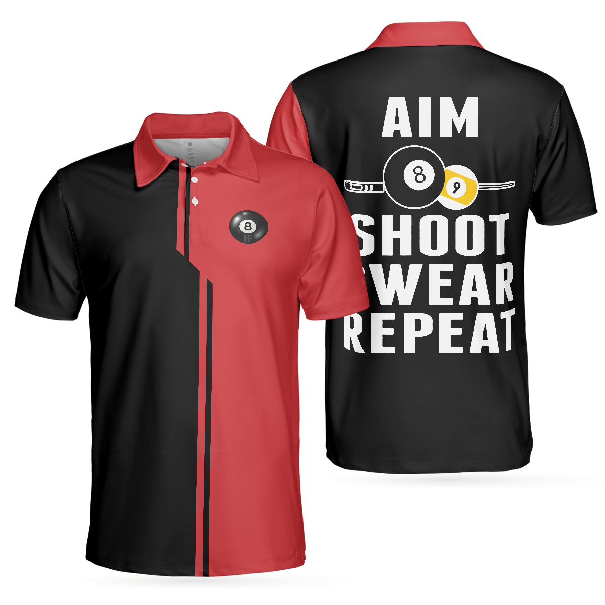 Black And Red Billiards Men Polo Shirt, Aim Shoot Swear Repeat Shirt For Men, Gift For Billiards Lovers