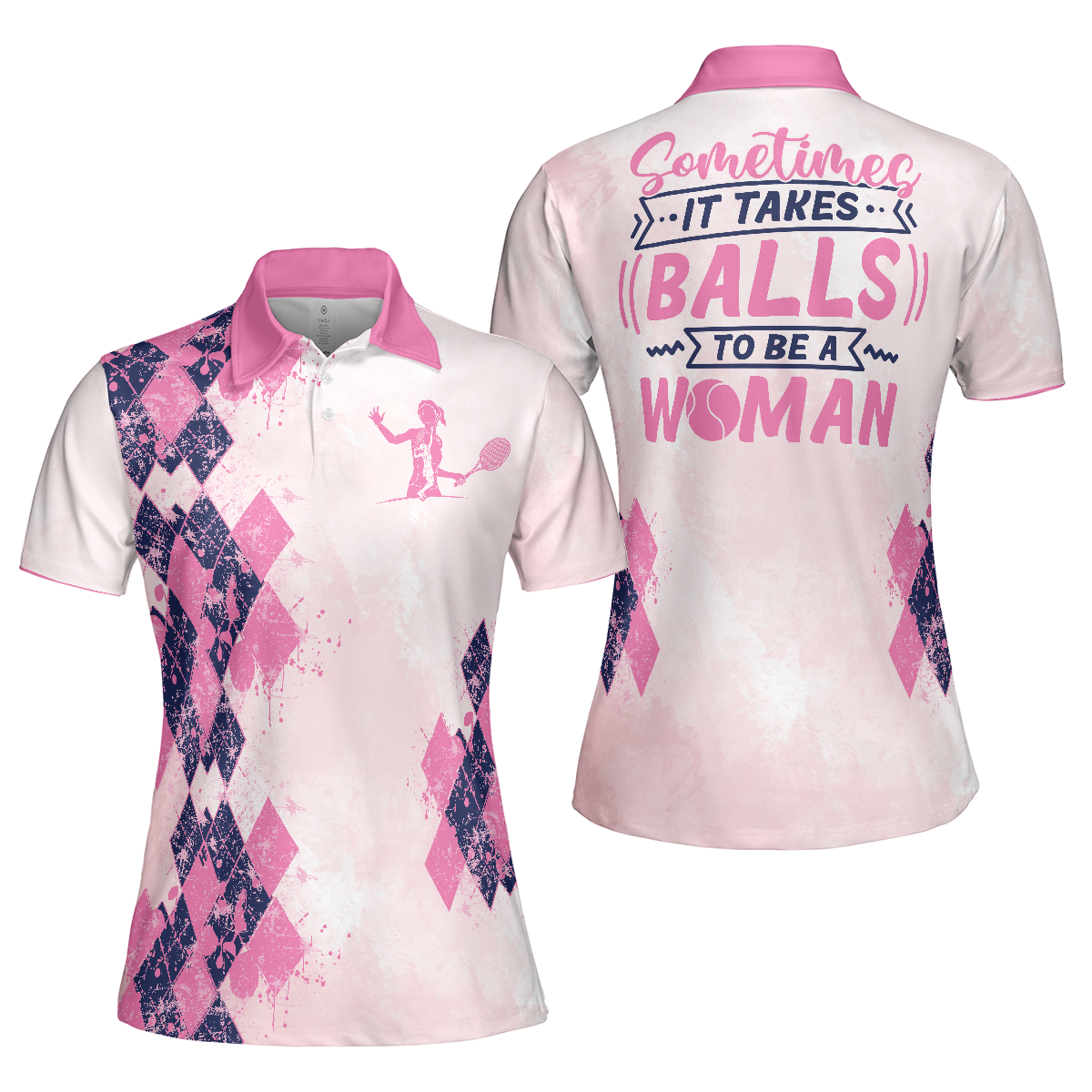 Tennis Women Polo Shirt, Sometimes It Takes Balls To Be A Women Polo Shirt, Pink Argyle Pattern Tennis Shirt - Perfect Gift For Women, Ladies