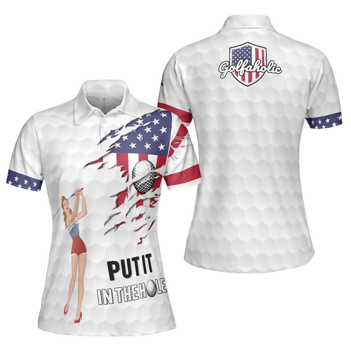 Golf American Flag Girl Short Sleeve Women Polo Shirt, White Golf Pattern And Golf Ball Polo Shirt, Patriotic Golf Shirt For Women, Best Gift For Golfers