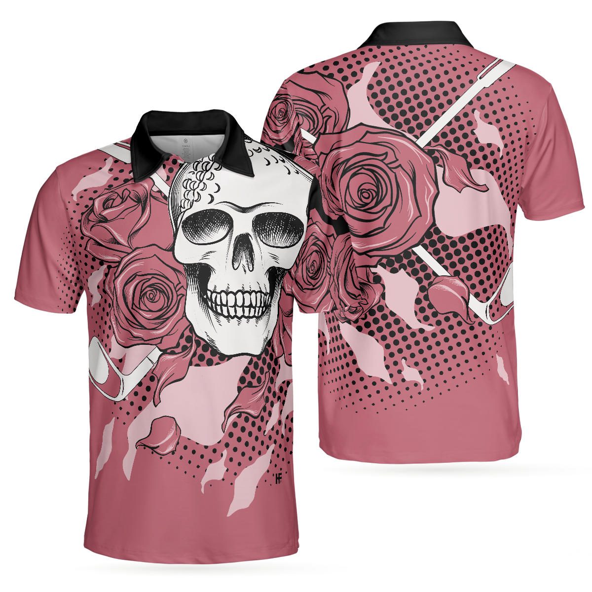 Golf Rose Skull Men Polo Shirt, Pink Polo Shirt For Male Golfers, Thoughtful Golf Gift Idea