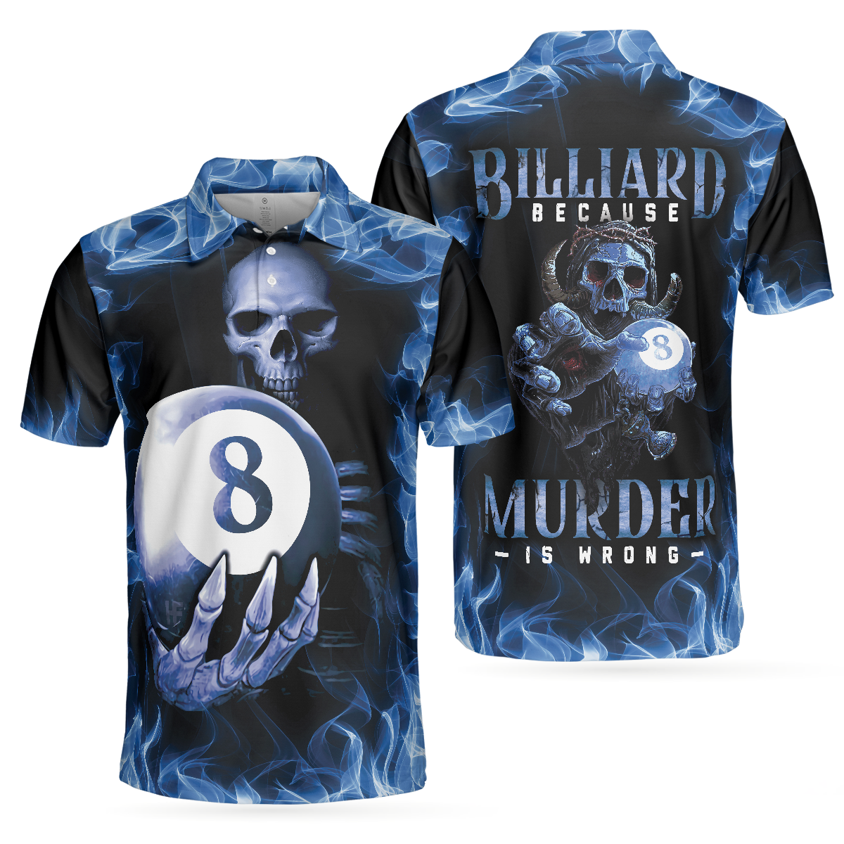 Men Polo Shirt - Billiards Murder Polo Shirt, Blue Flame Billiards Shirt Design - Skull Eight Ball Billiards Shirt For Men