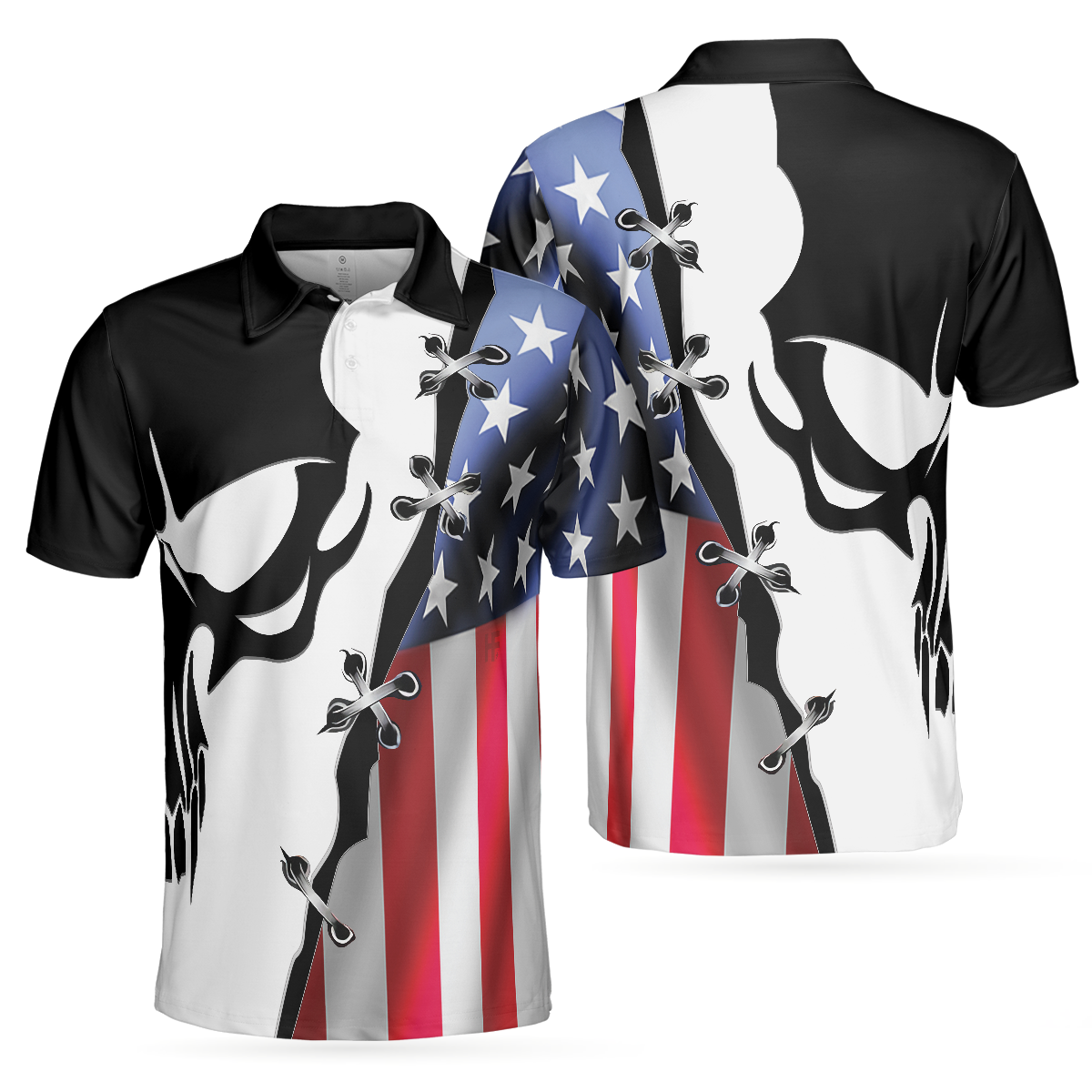 Men Polo Shirt - Black Skull Billiards Short Sleeve Polo Shirt, American Flag Polo Shirt, Best Billiards Shirt For Men