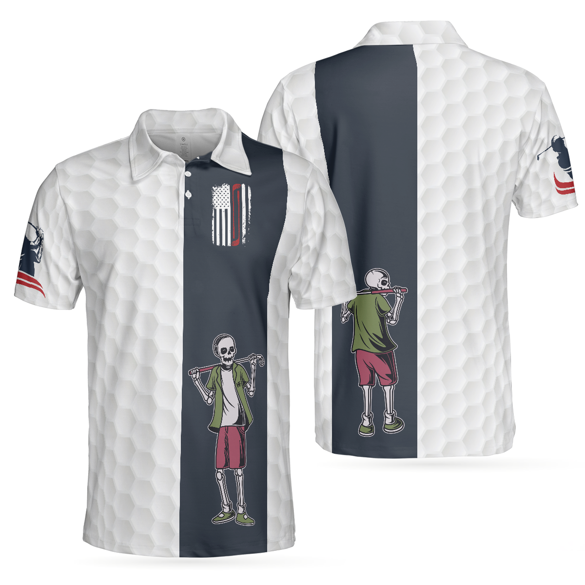 Youngster Skeleton Golf Lover American Flag Polo Shirt, White American Flag Golf Shirt - Perfect Gift For Men