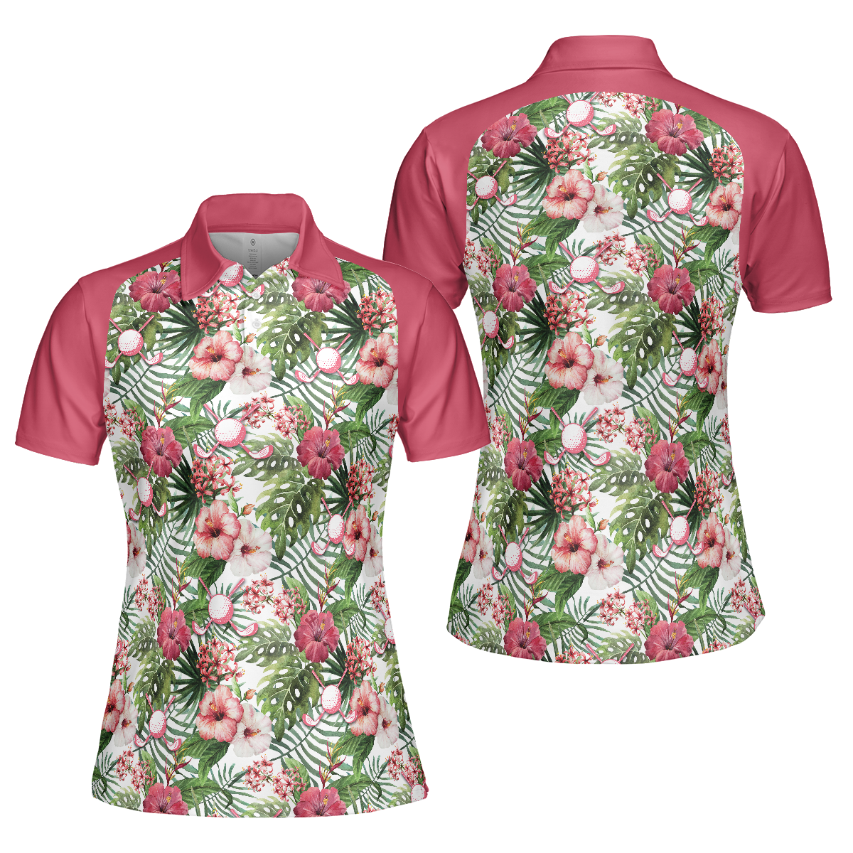 Golf Ball On Tropical Flowers Background Short Sleeve Women Polo Shirt, Tropical Flowers  Pattern Polo Shirt, Best Golf Shirt For Ladies