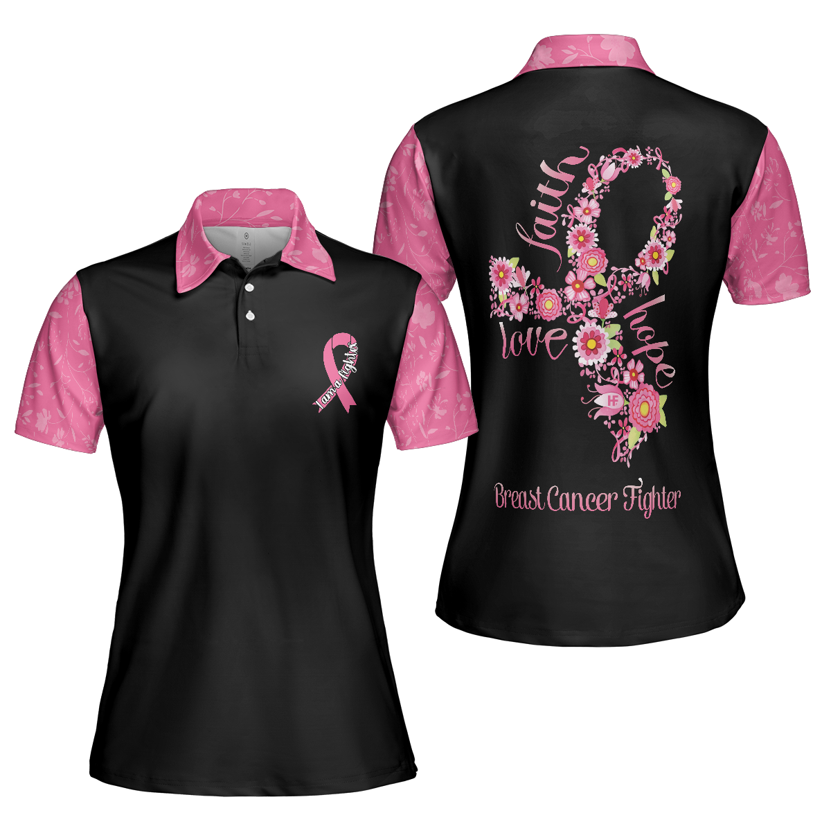 I Am A Breast Cancer Fighter Pink Flowers Awareness Ribbon Women Polo Shirt, Breast Cancer Awareness Polo Shirt For Ladies