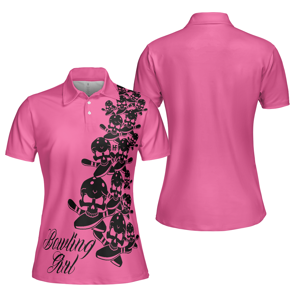 Bowling Girl Polo Shirt, Skull Short Sleeve Women Polo Shirt, Pink Skull Pattern Bowling Shirt For Female Players