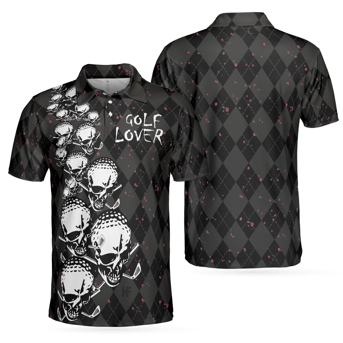 Elegant Argyle Pattern And Skull Golf Lover Polo Shirt, Black Skull Golf Shirt For Men, Best Gift For Men