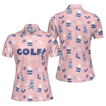 Golf Girl Summer Pattern Short Sleeve Women Polo Shirt, Pink Golf Shirt For Ladies, Unique Female Golf Gift