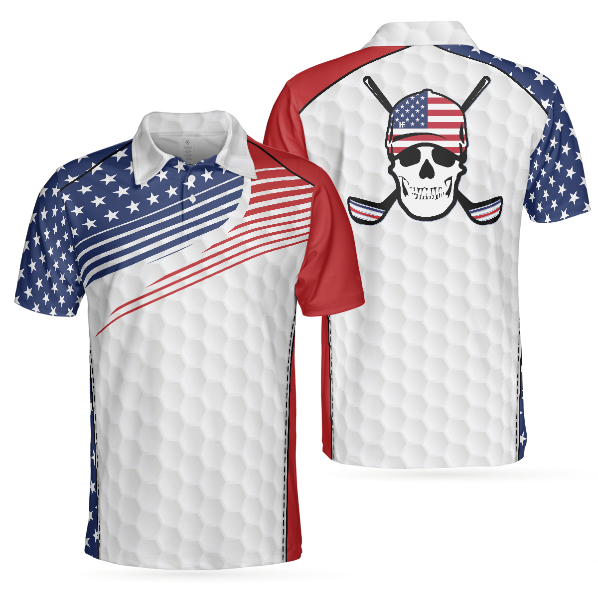 Golf Skull Wear Hat Short Sleeve USA Golf Men Polo Shirt, American Flag Polo Shirt, Patriotic Golf Shirt For Men