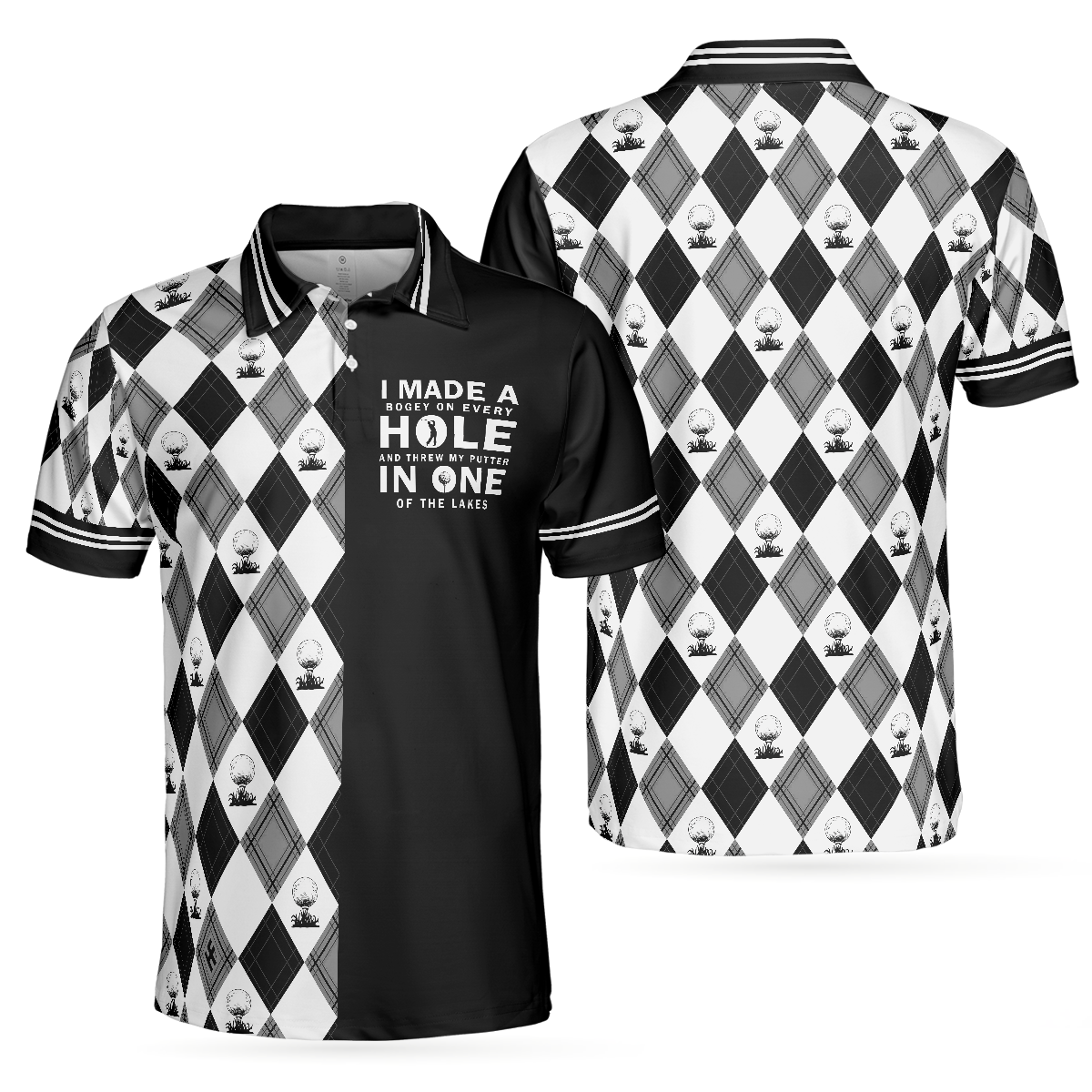 Golf Men Polo Shirt, I Made A Bogey On Every Hole Polo Shirt, Black And White Argyle Pattern Polo Shirt, Cool Golf Shirt For Men