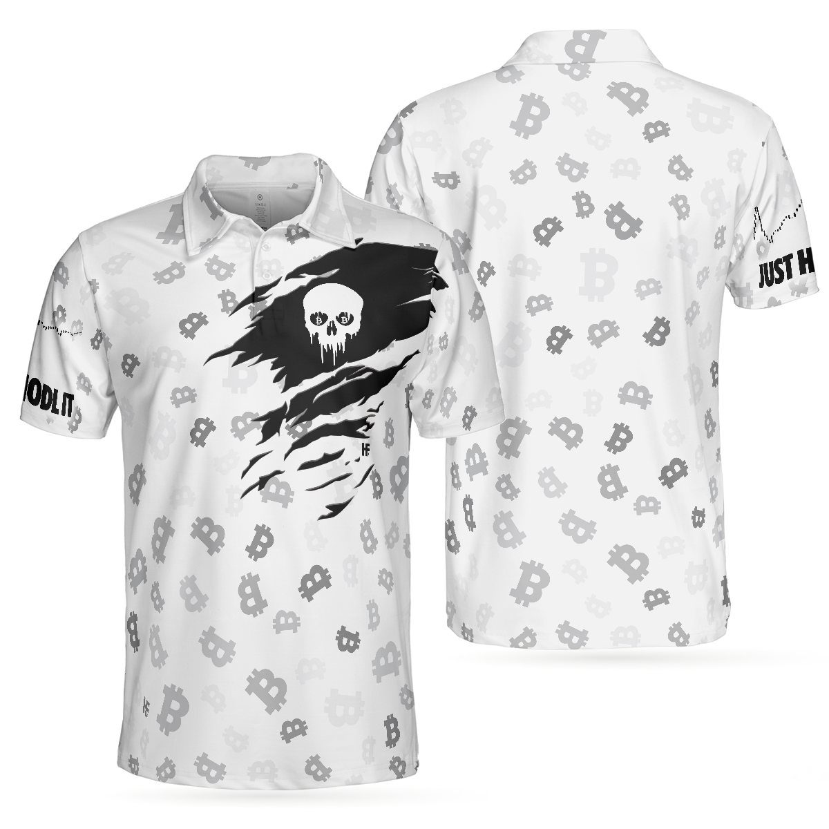 The Bitcoin Skull Polo Shirt, Black And White Skull Cryptocurrency Shirt, Bitcoin Short Sleeve Shirt Design - Perfect Gift For Men