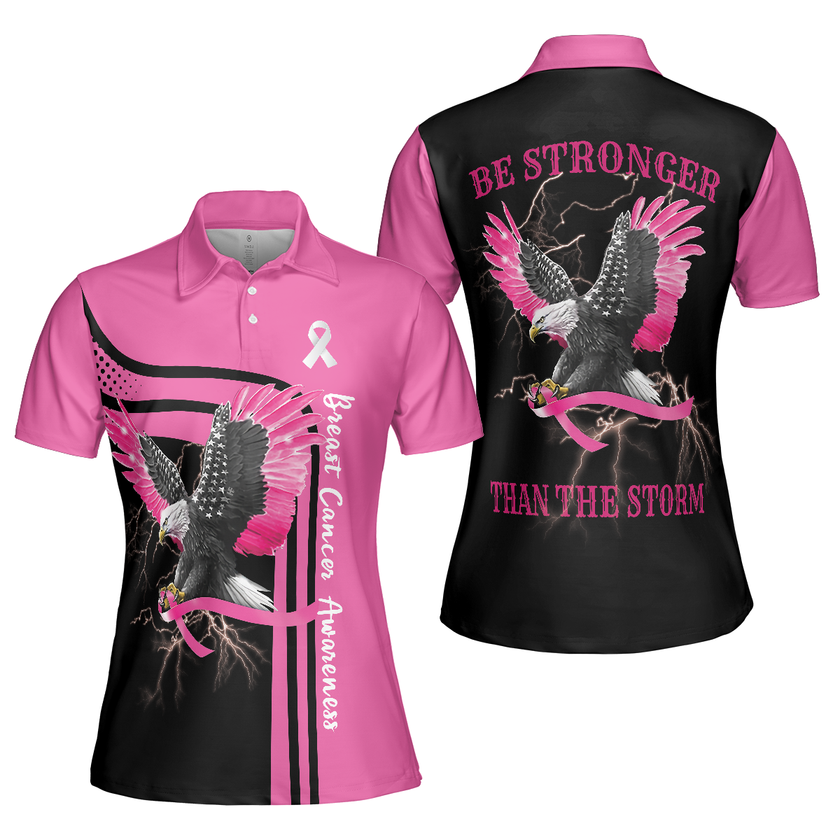 Breast Cancer Awareness Women Polo Shirt, Be Stronger Than The Storm Short Sleeve Shirt For Women, Eagle Awareness Ribbon Polo Shirt For Ladies