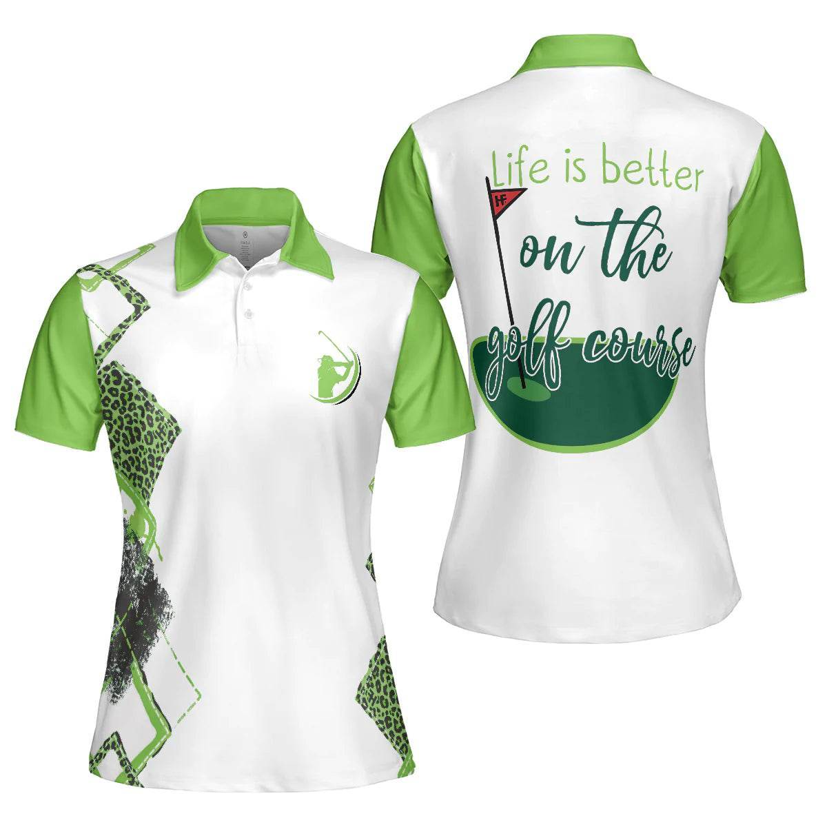 Green Leopard Argyle Golf Women Polo Shirt, Life Is Better On The Golf Course Golf Short Sleeve Shirt For Ladies