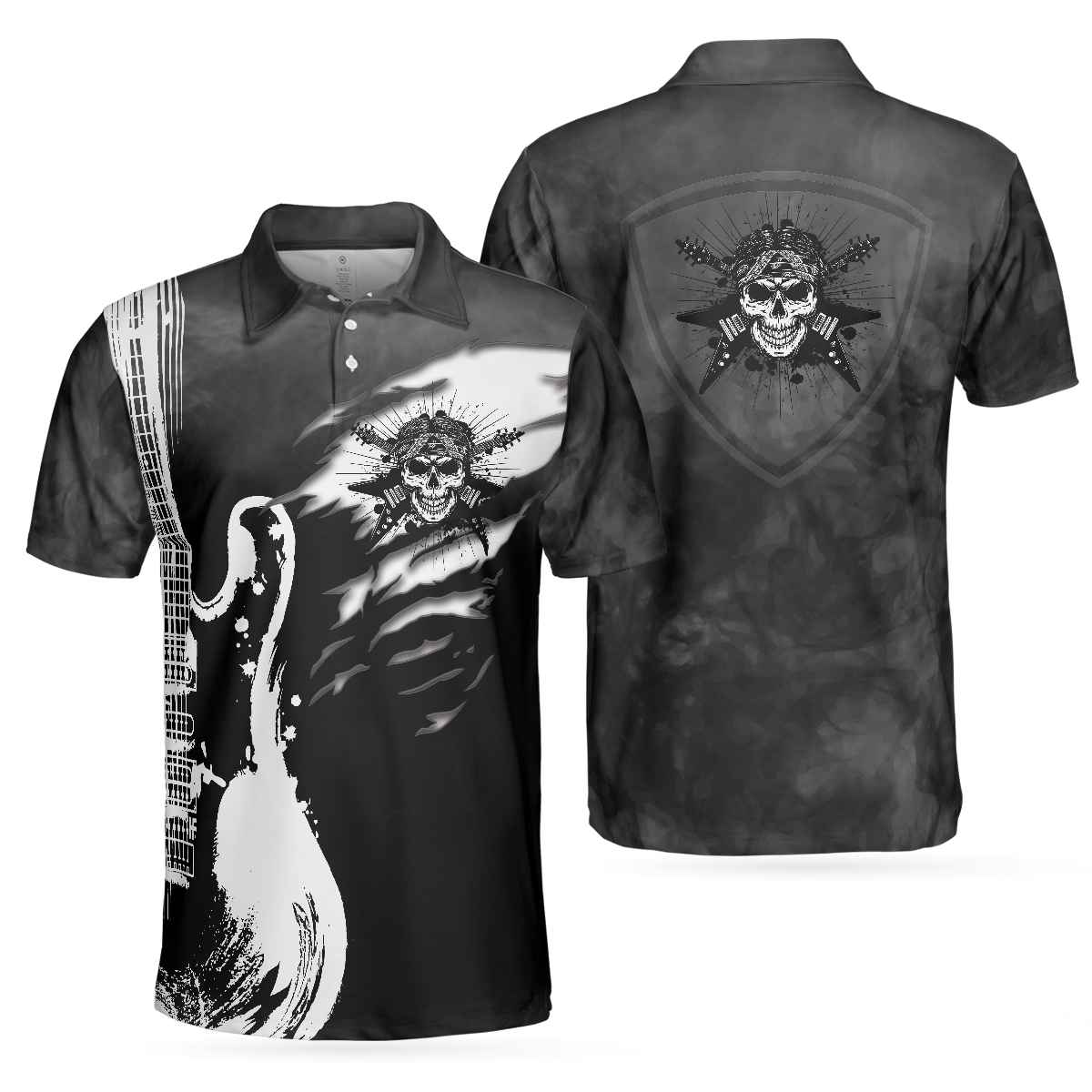 Guitar And Skull Short Sleeve Men Polo Shirt, Streetwear Polo Shirt, Black And White Guitar Shirt For Men