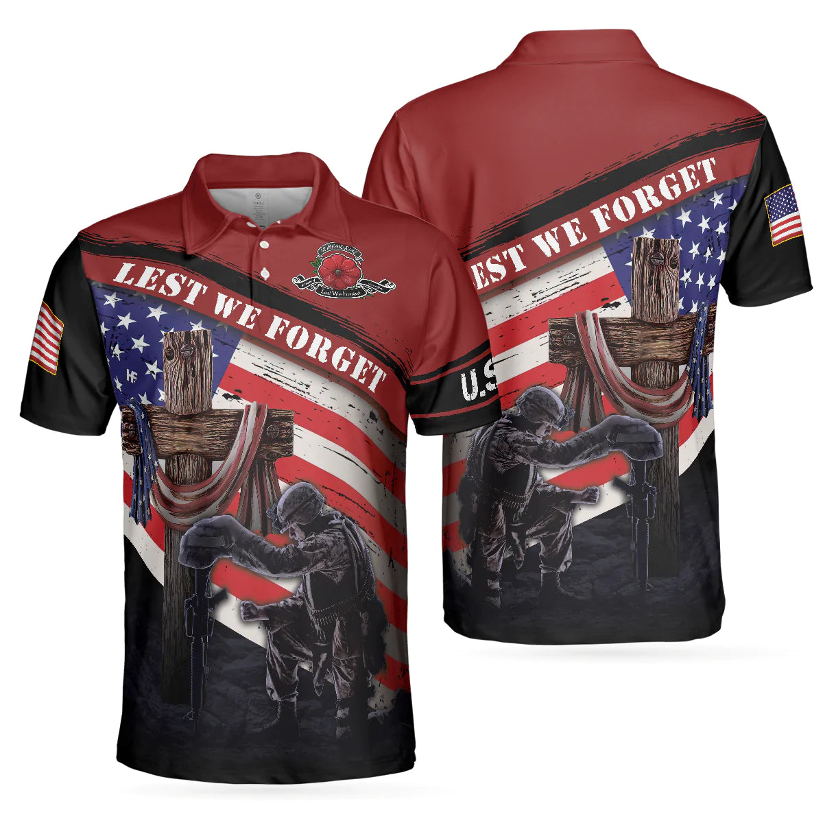 American Flag Wooden Cross Men Polo Shirt, Lest We Forget With USA Flag Polo Shirt For Male, Gift Idea For Veterans