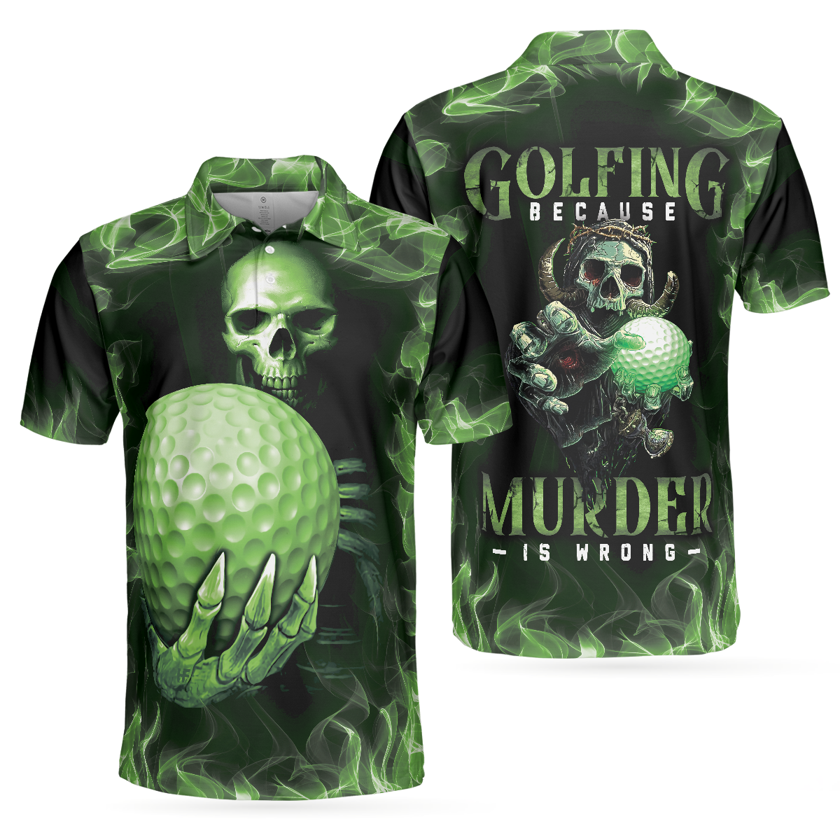 Golfing Murder Men Polo Shirt, Green Skull Golf Shirt Design, Best Gift Idea For Golfers, Scary Golf Shirt, Best Gift For Halloween Golfers