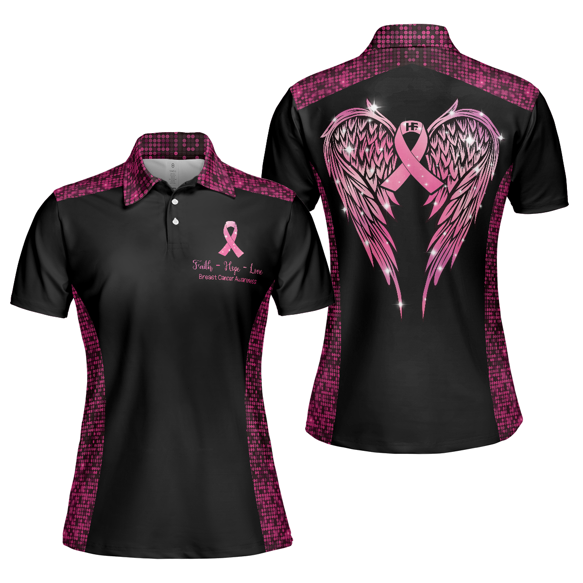 Pink Awareness Ribbon Women Polo Shirt, Faith Hope Love Angel Wings Breast Cancer Awareness Short Sleeve Shirt For Ladies