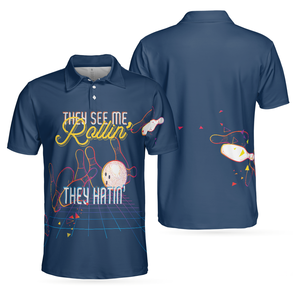 Bowling Men Polo Shirt - They see me Rollin’ They Hatin’ Polo Shirt, Light Art Bowling Polo Shirt - Perfect Gift For Friend, Family, Bowling Lovers