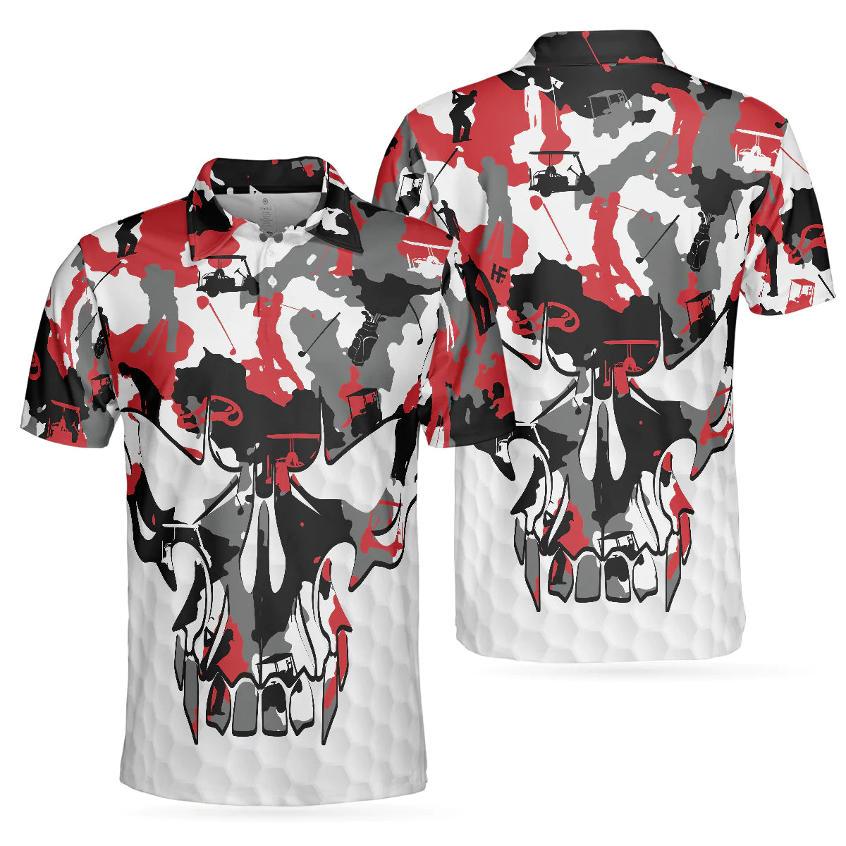 Red And White Camouflage Golf Set Skull Short Sleeve Polo Shirt, Camo Golf Shirt For Men - Gift For Golfer