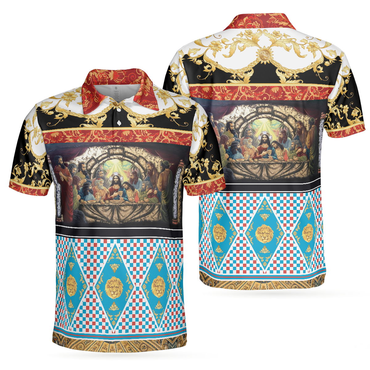 The Last Supper Renaissance Pattern Polo Shirt, Luxury Gold Brocade Pattern Christian Shirt For - Perfect Gift For Men