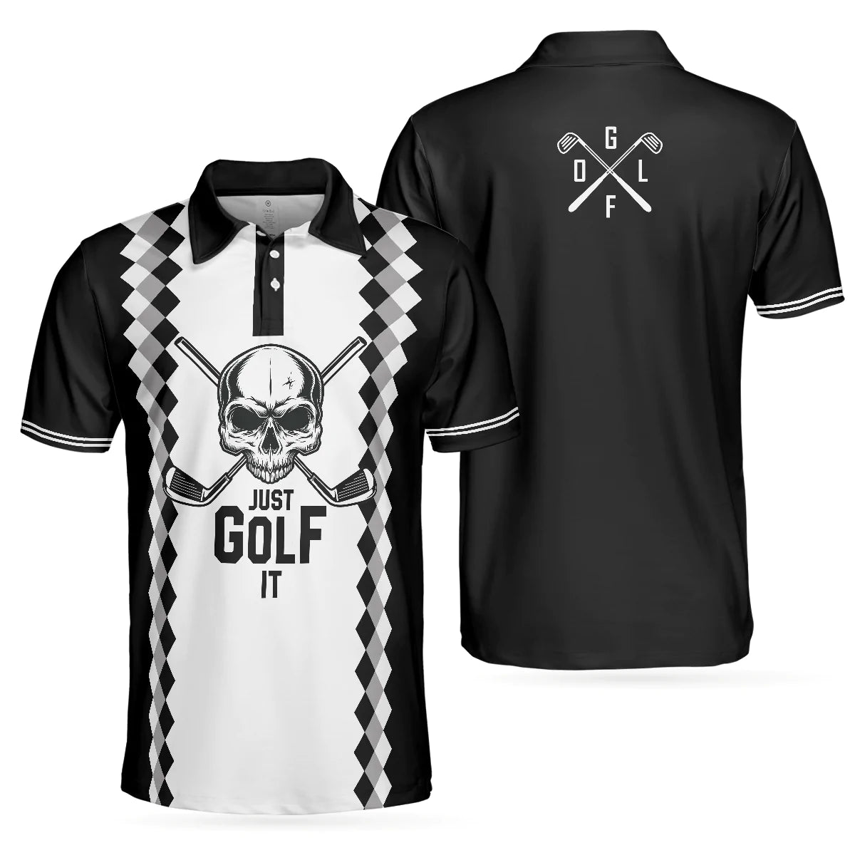 Black And White Argyle Pattern Golf Men Polo Shirt, Just Golf It Skull Short Sleeve Golf Shirt For Men