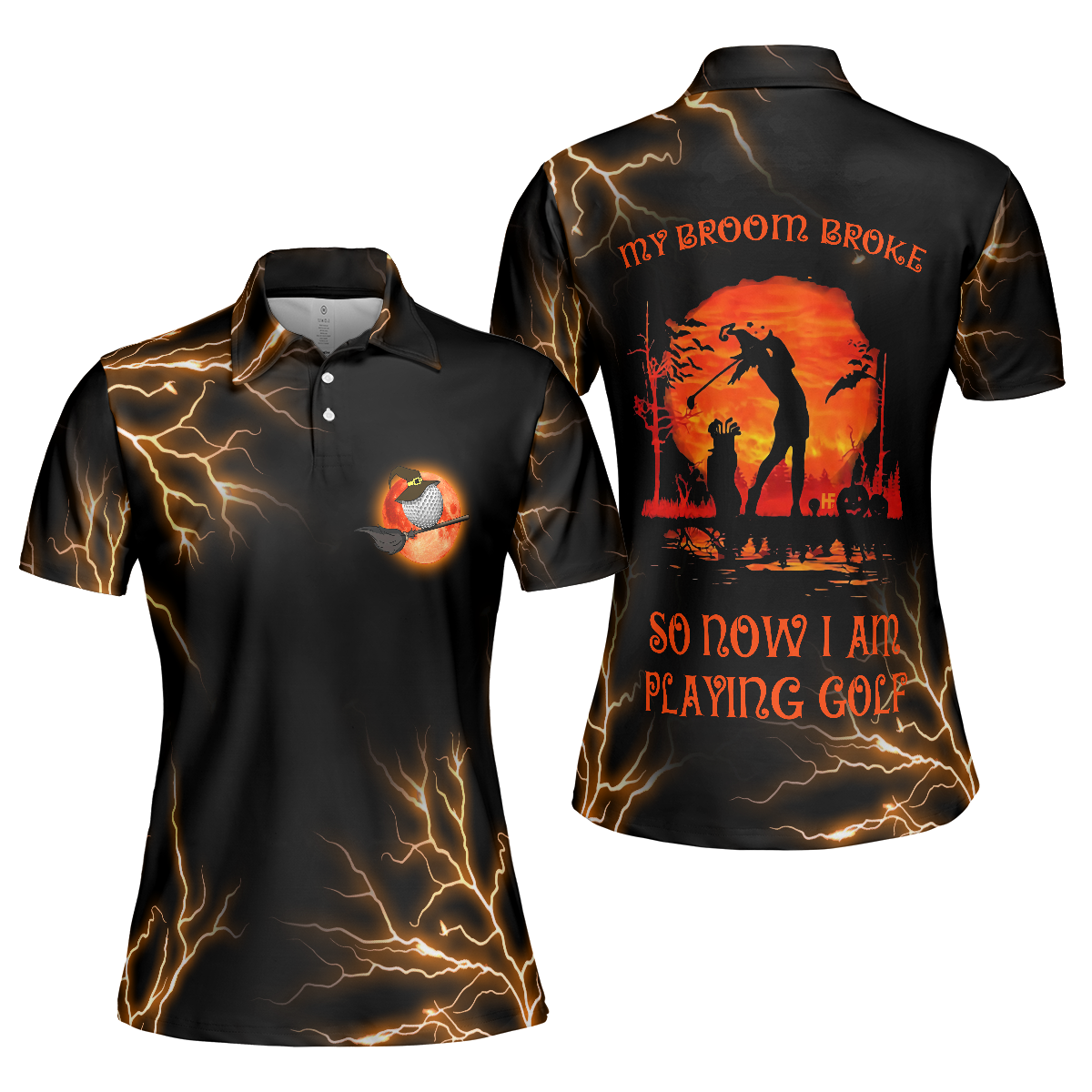 Scary Witch Shirt Golf Short Sleeve Women Polo Shirt, My Broom Broke So Now I Am Playing Golf Shirt For Ladies, Halloween Gift Idea For Female Golfers