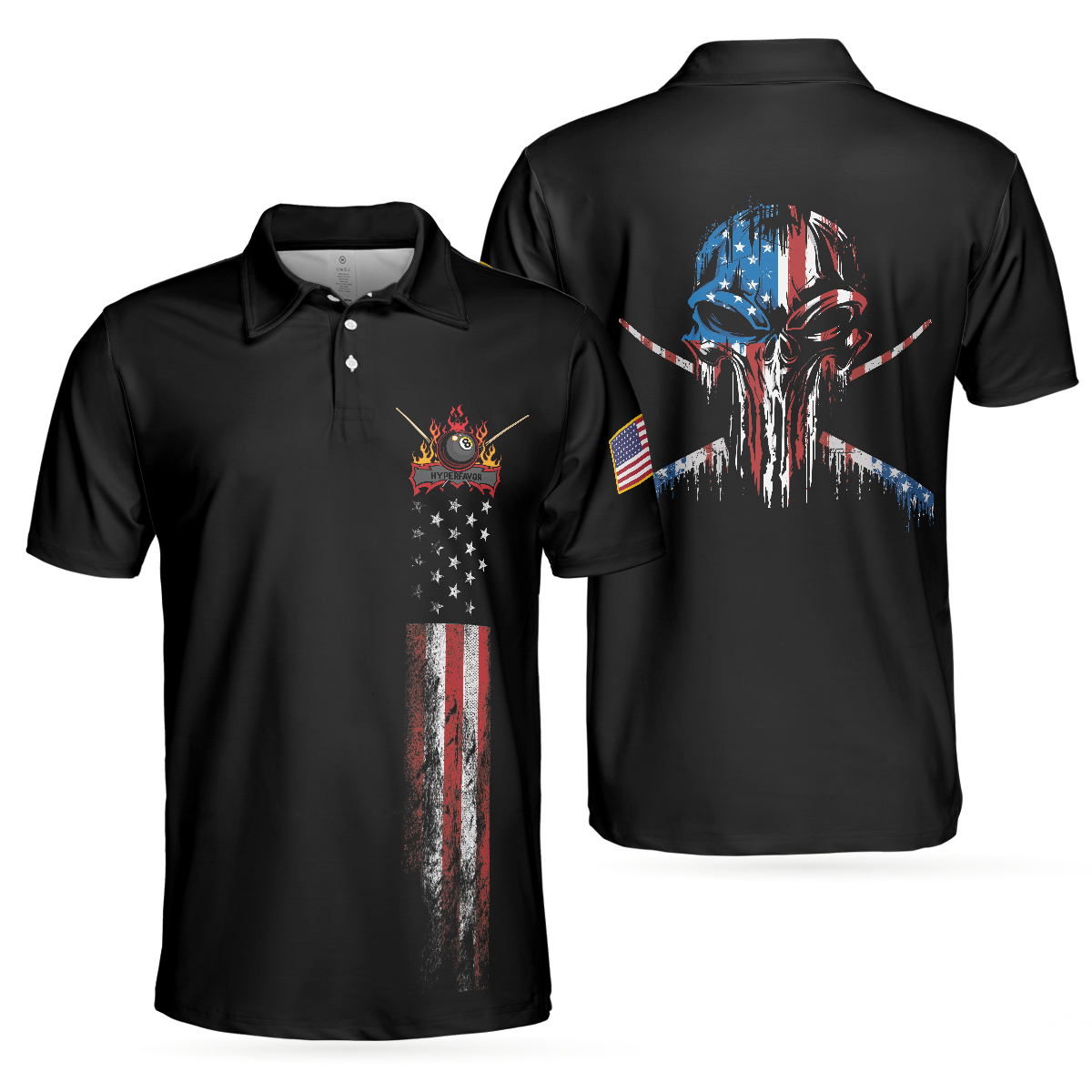 Dark Theme 8-ball Short Sleeve Wet Paint Skull Billiards Polo Shirt, American Flag Billiards Shirt For Men, Polo Shirt Gift For Men, Gift For Billards Lovers