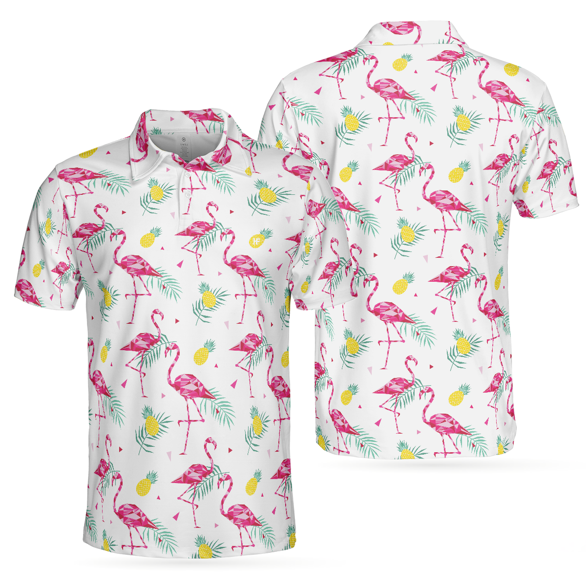 Flamingo And Tropical Pattern Men Polo Shirt, White Flamingo Themed Polo Shirt, Tropical Flamingo Shirt Design