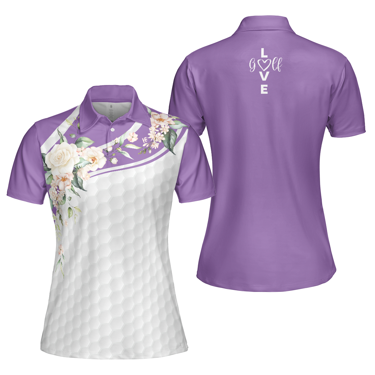 Golf Ball Texture With Roses Golf Short Sleeve Women Polo Shirt, Purple Golfing Polo Shirt For Ladies