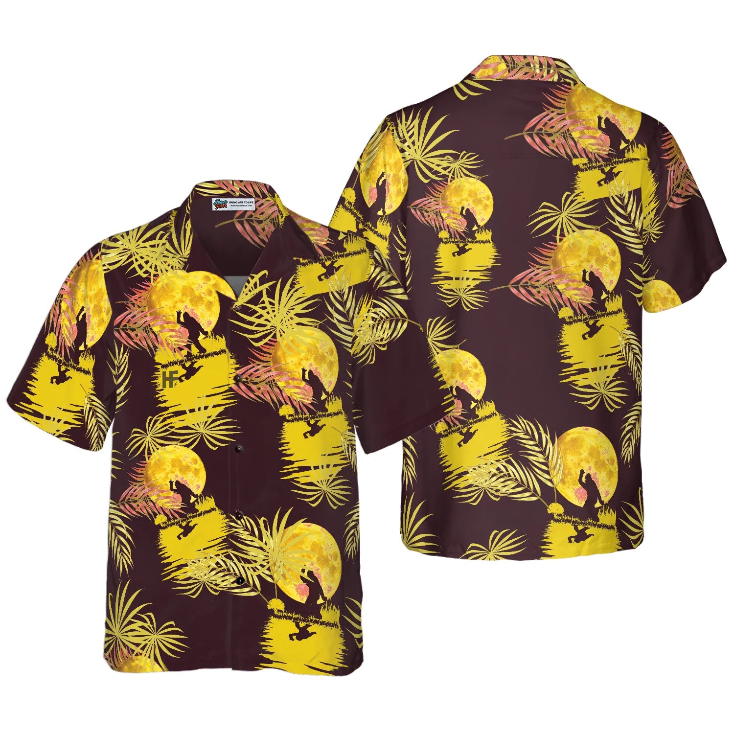 Bigfoot Tropical Yellow Moon Bigfoot Hawaiian Shirt, Purple And Yellow Dancing In The Moonlight Bigfoot Shirt For Men, Aloha Tropical Summer Shirt Gift For Men, Perfect Gift For Bigfoot Lovers, Friends, Husband, Boyfriend, Family