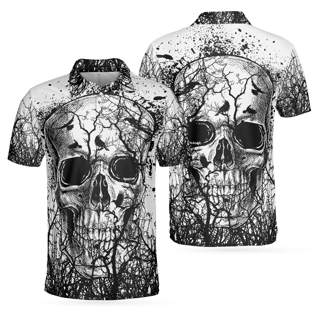 Skull Crow Black And White Short Sleeve Polo Shirt, Dark Forest Skull Crow Shirt For Men, Best Polo Shirt For Halloween - Perfect Gift For Men