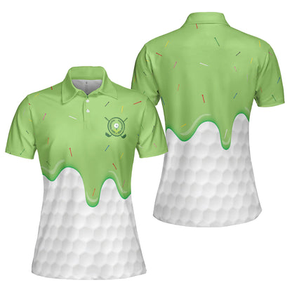 Golf Ball Pattern Women Polo Shirt, Green Ice Cream Melting On Golf Ball Cone Golf Short Sleeve Shirt For Ladies, Cool Gift For Female Golfers
