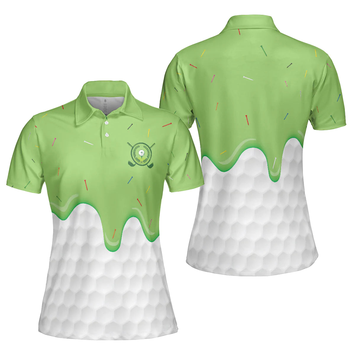 Golf Ball Pattern Women Polo Shirt, Green Ice Cream Melting On Golf Ball Cone Golf Short Sleeve Shirt For Ladies, Cool Gift For Female Golfers