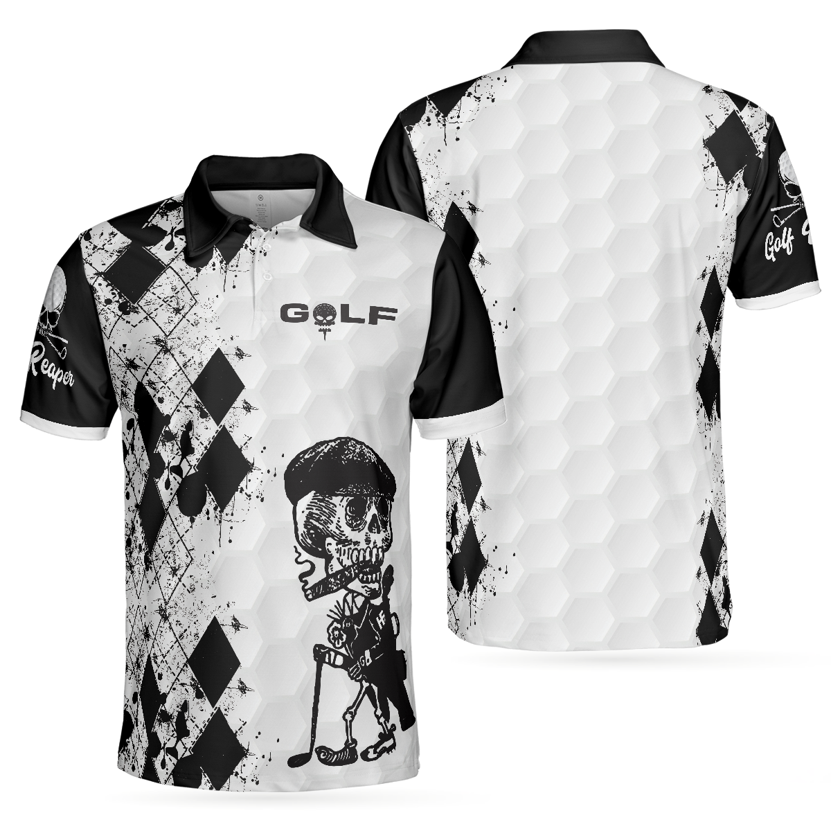 Skull Golf Reaper Polo Shirt, Black And White Argyle Pattern Polo Shirt, Best Golf Shirt For Men - Perfect Gift For Men, Golfers