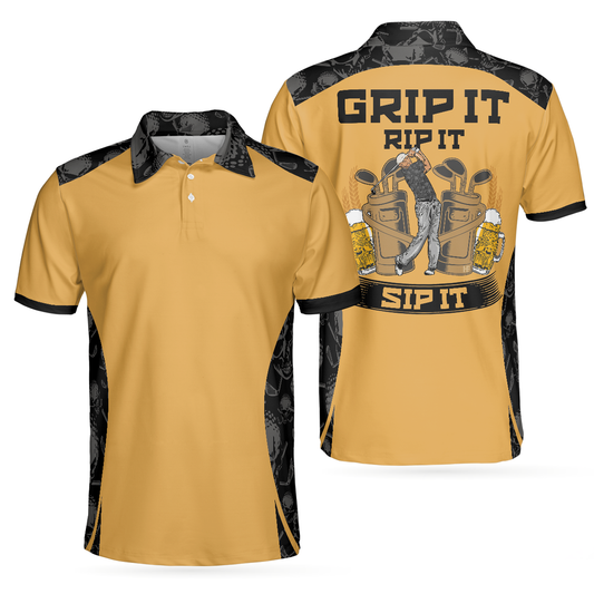 Skull Pattern Polo Shirt, Grip It Rip It Sip It Golf Shirt For Halloween, Scary Gift Idea For Golfers