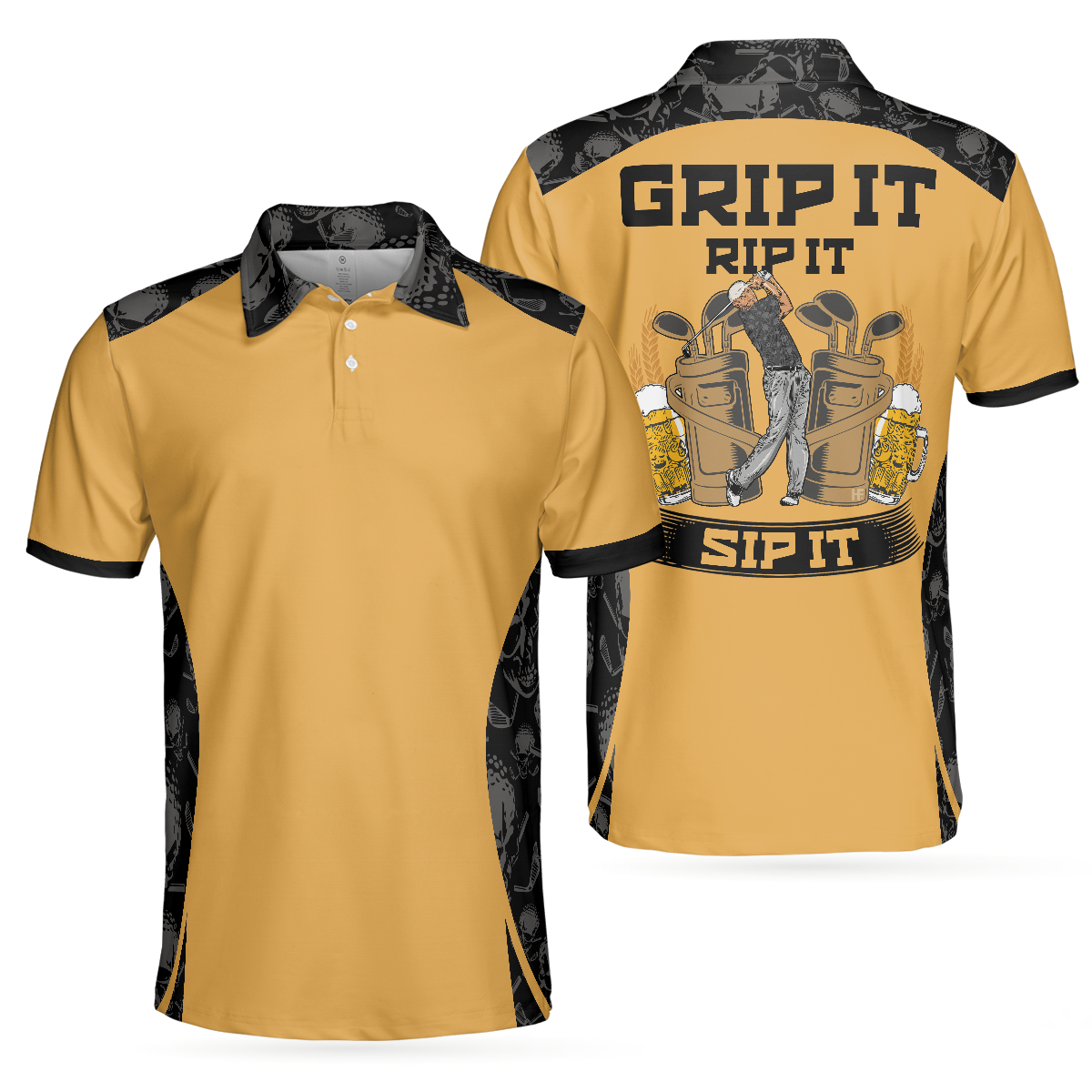 Skull Pattern Polo Shirt, Grip It Rip It Sip It Golf Shirt For Halloween, Scary Gift Idea For Golfers