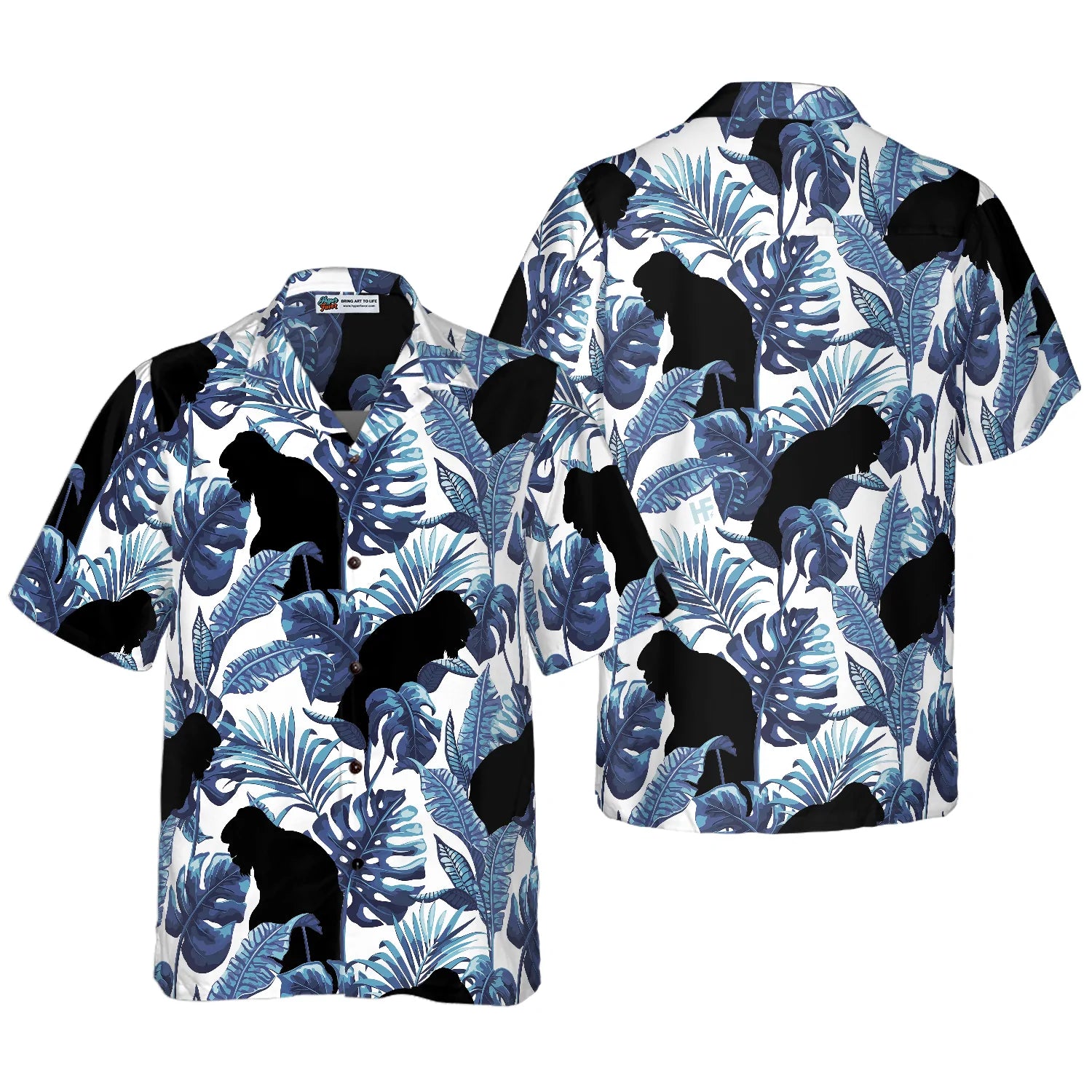 Bigfoot Blue Leaves Bigfoot Hawaiian Shirt, White And Navy Blue Tropical Floral Bigfoot Shirt For Men, Bigfoot Tropical Leaves Aloha For Men, Perfect Gift For Summer Lovers, Friends, Husband, Boyfriend, Family