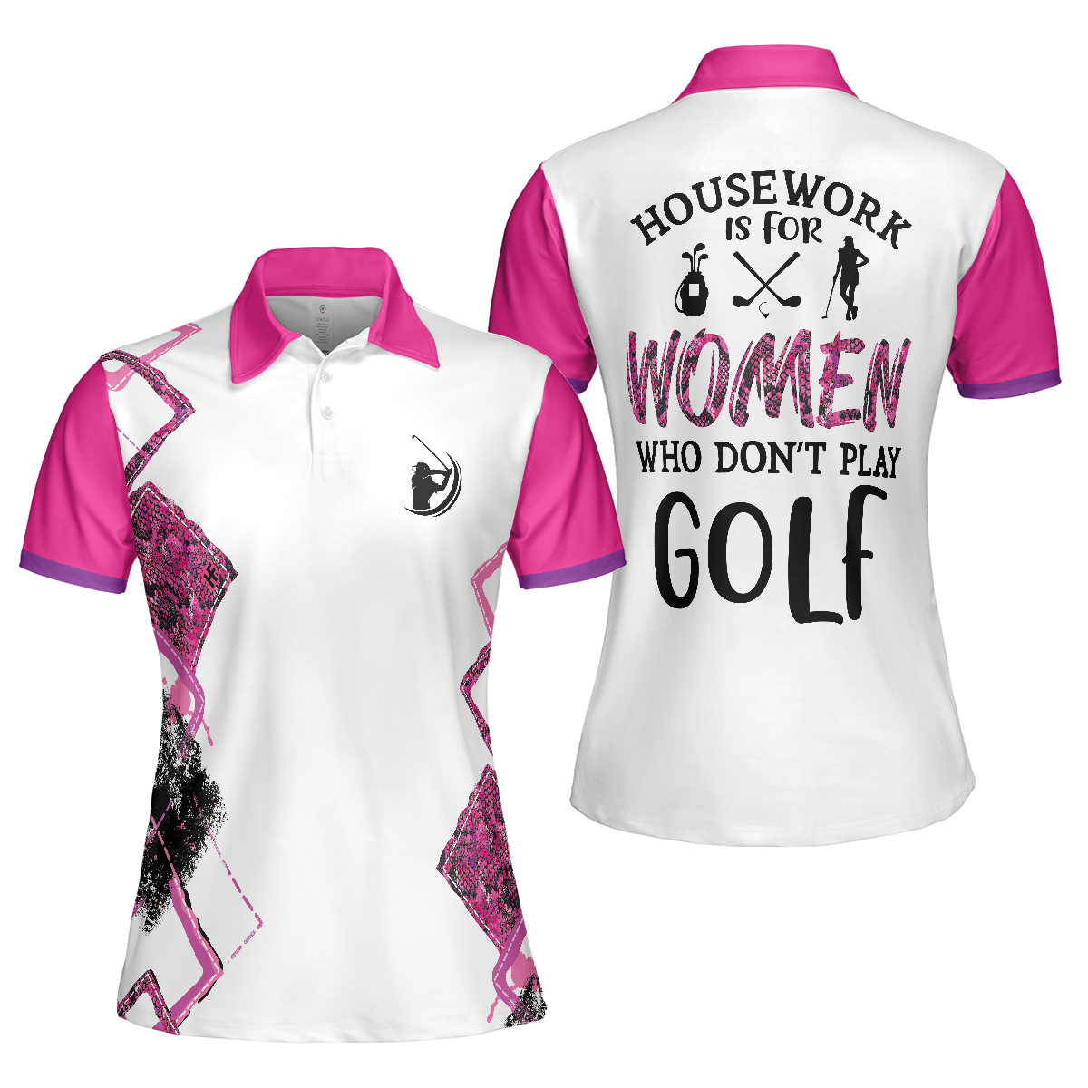 White And Pink Argyle Pattern Golf Women Polo Shirt, Housework Is For Women Who Don't Play Golf Short Sleeve Shirt For Ladies