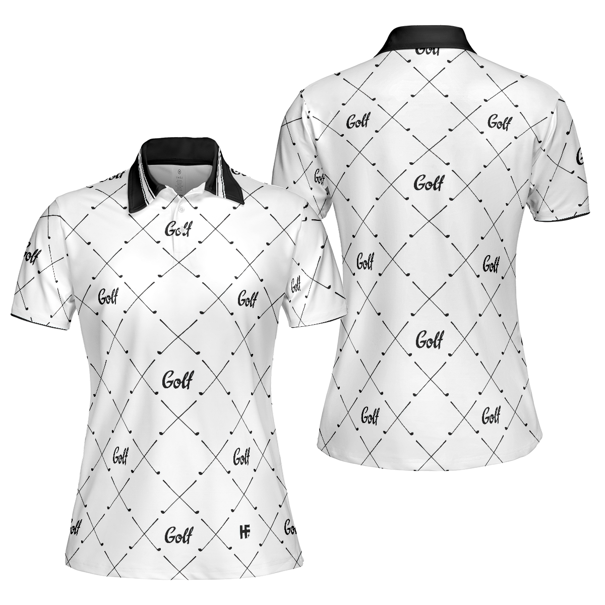 Golf In Black And White With Simple Golf Clubs Pattern Short Sleeve Women Polo Shirt, Basic Golf Shirt For Ladies, Unique Female Golf Gift