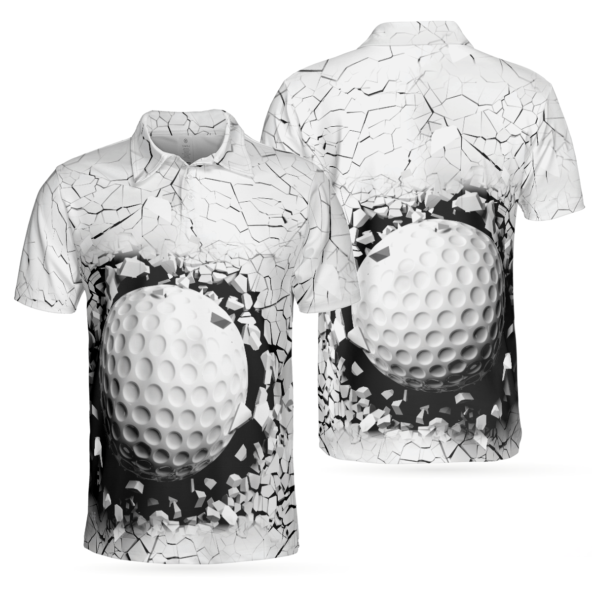 Golf Ball Breaking Men Polo Shirt, Black And White Cracking Pattern Polo Shirt, Best Golf Shirt For Men