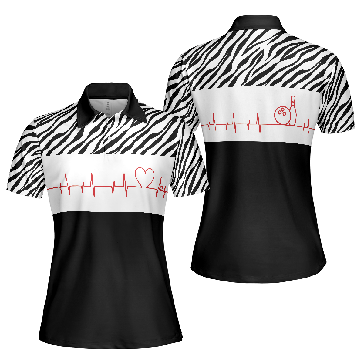 Bowling Heartbeat Women Polo Shirt, Zebra Pattern Short Sleeve Women Polo Shirt, Bowling Shirt For Ladies