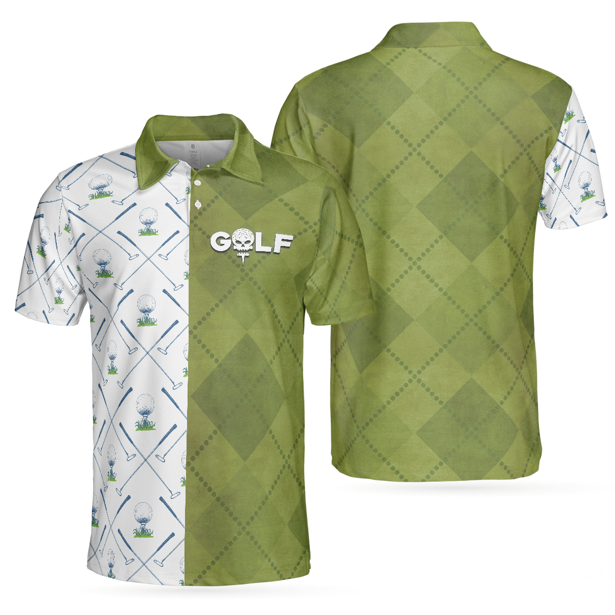 Golf Green And White Pattern Men Polo Shirt, Golf Clubs Golf Ball Argyle Pattern Skull Polo Shirt, Best Golf Shirt For Men