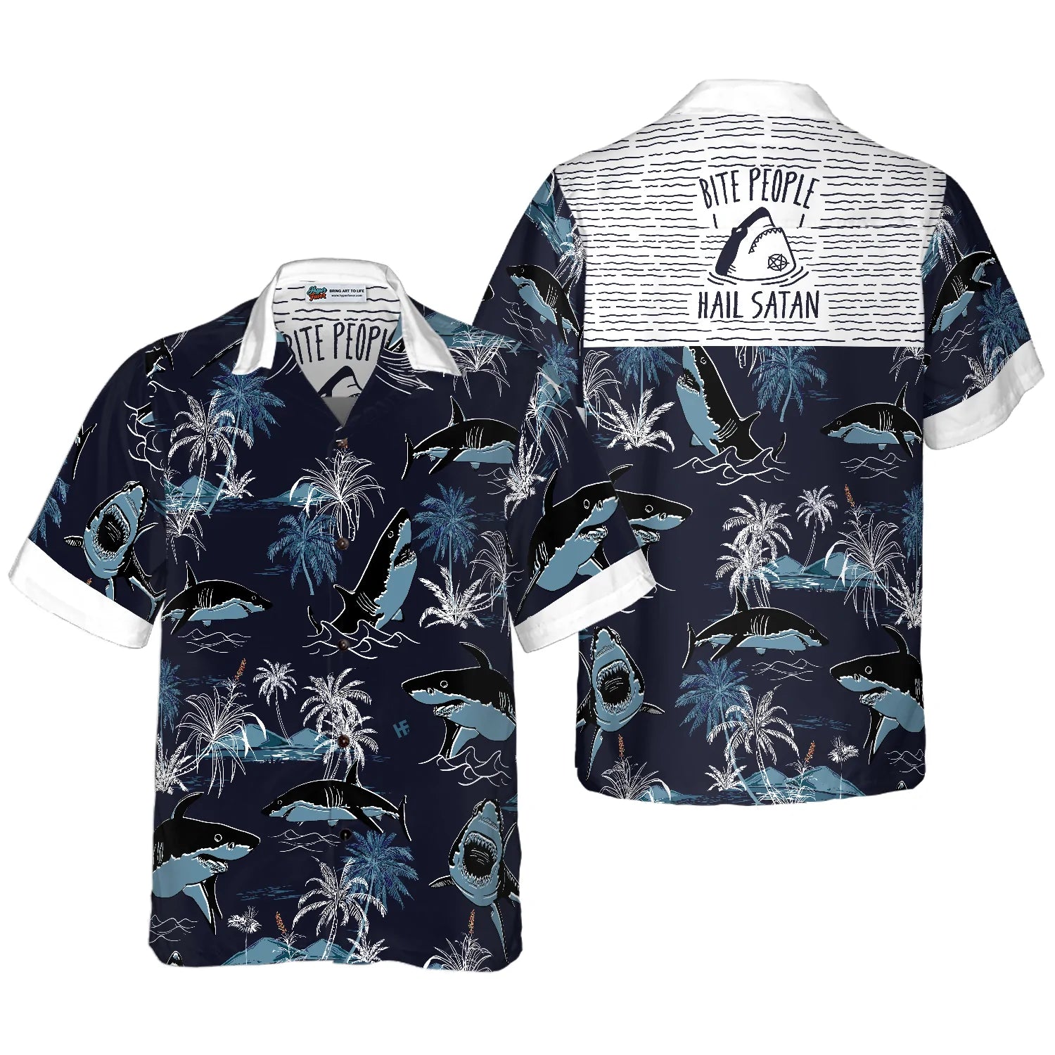 Bite People Hail Satan Shark Hawaiian Shirt, Shark Aloha Shirt - Perfect Gift For Shark Lover, Husband, Wife, Boyfriend, Girlfriend, Family, Friends