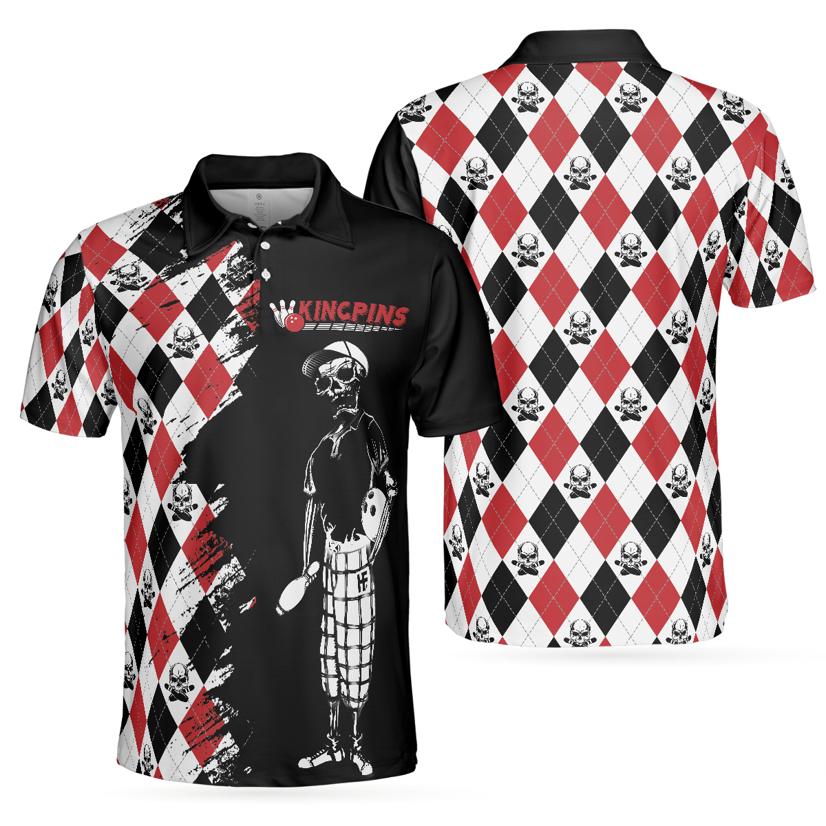 Bowling Red Black White Skull Pattern Short Sleeve Polo Shirt, Argyle Pattern Polo Shirt, Best Bowling Shirt For Men